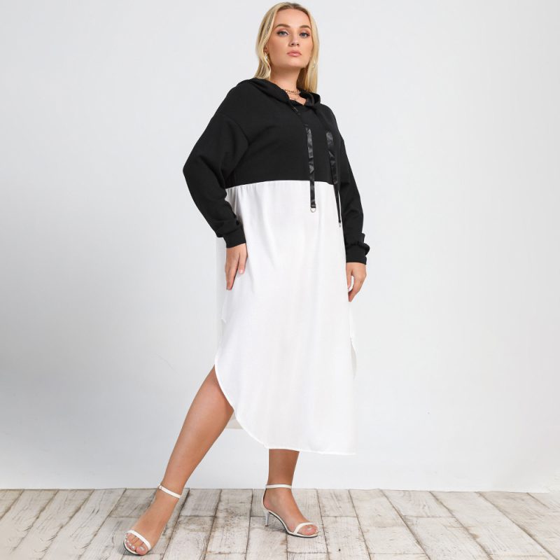 Plus Size Autumn New Women's Swing Dress: Long Sleeve Crew Neck Casual Hooded Black-White Contrasting-Color Design - Image 2