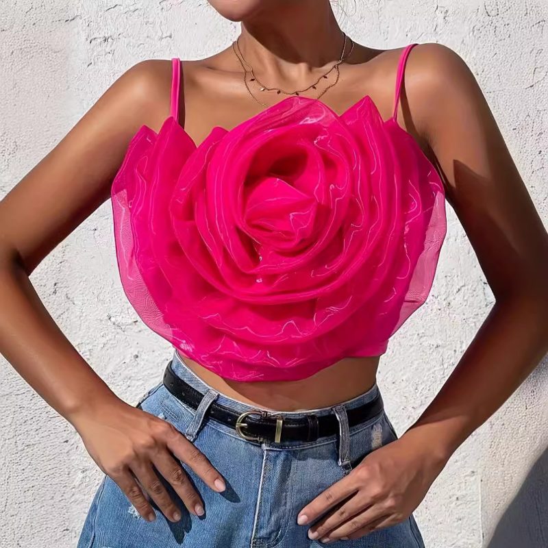 Three Dimensional Floral Stitching Solid Color Spaghetti Strap Top: Women's Small Size - Image 3