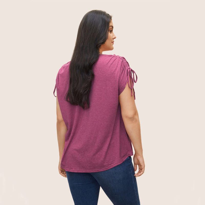 Plus Size Drawstring V-Neck Solid Color Casual Loose T-Shirt Top with Short Sleeves - Image 2
