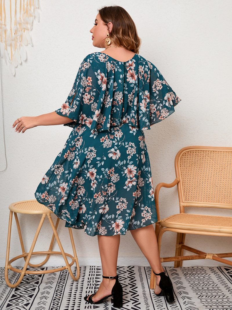 Plus Size Ladies Round Neck Ruffled Waist Tight Elegant Big Hem Printed Dress - Image 4