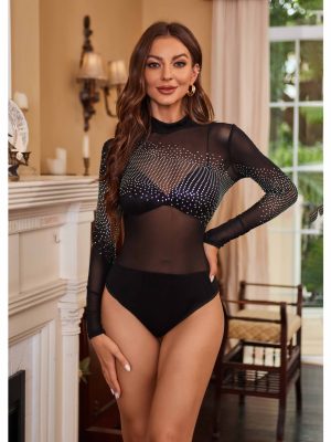 Long Sleeve Turtleneck Transparent Mesh Rhinestone Jumpsuit: Women’s Clothing