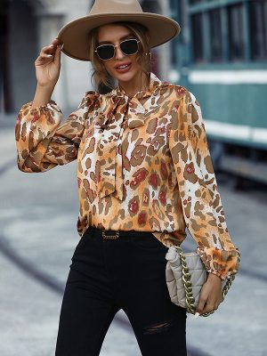 Leopard Print Chiffon Top: Stand Collar, Ribbon Bow