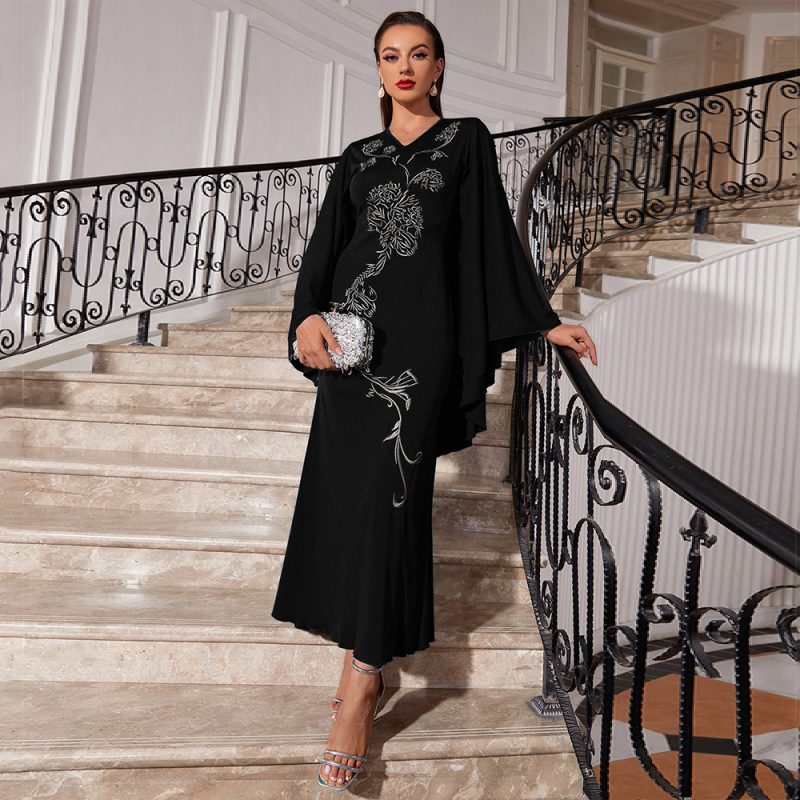 Embroidered V-Neck Batwing Urban Dress - Image 2