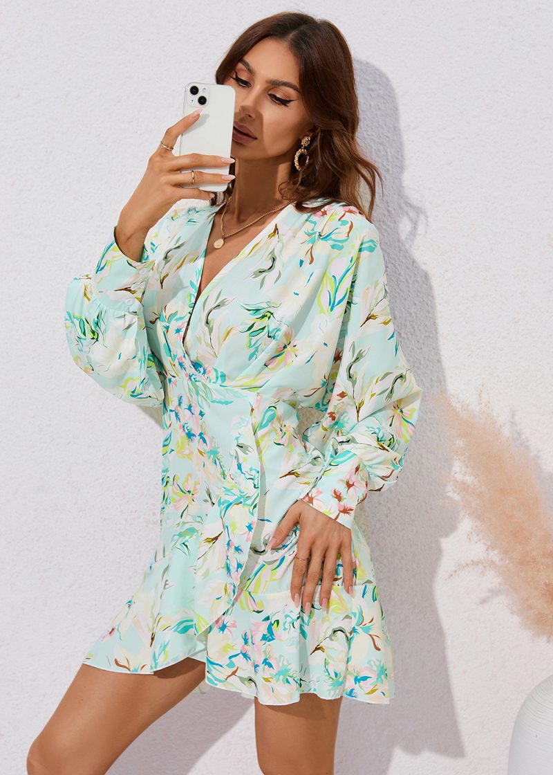 Women's Printing V-neck Irregular Asymmetric Long Sleeve Dress - Image 2