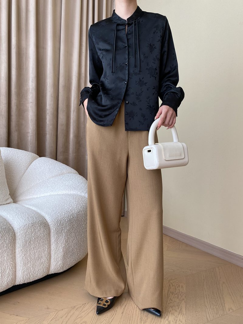 Chinese Dark Pattern Jacquard Early Autumn National Buckle Stand Collar Vertical Sense Diligent Shoulder Shirt - Image 4