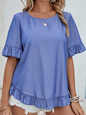 Women’s Casual Solid Color Round Neck Ruffled Short Sleeve Shirt