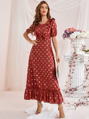 Lotus Edge Loose High Waist Fresh Elegant Large Polka Dot Dress