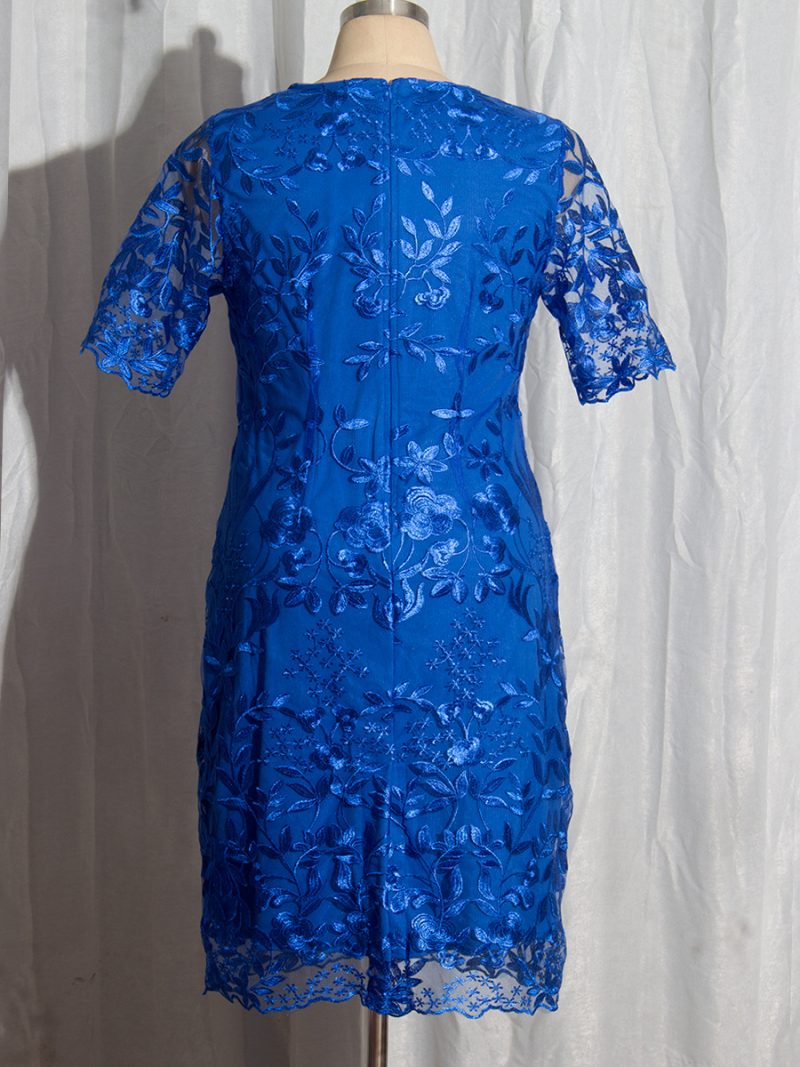 Plus Size Ladies Round Neck Embroidered Casual Short-Sleeved Pencil Sheath Dress - Image 4