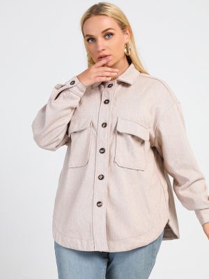 Plus Size Women’s Collared Long Sleeve Striped Shirt: Single-Breasted Mid-Length Shirt