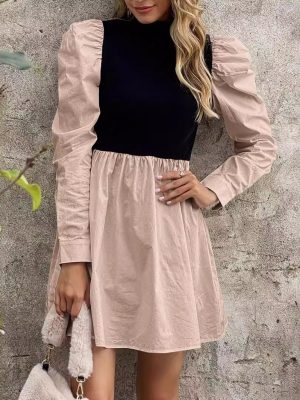 Spring/Summer Half Turtleneck Contrasting Color Dress: Long Sleeve