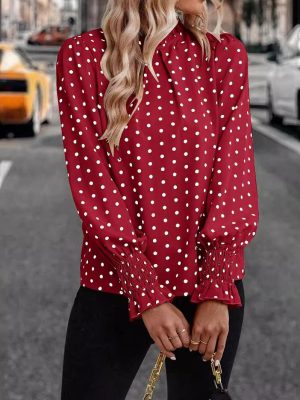 Goods Women Clothing: Ruffled Polka Dot Printed Puff Sleeve Elegant Women’s Shirt