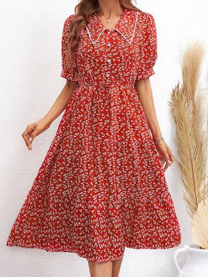 Best Printed High Waist Red Dress for Women