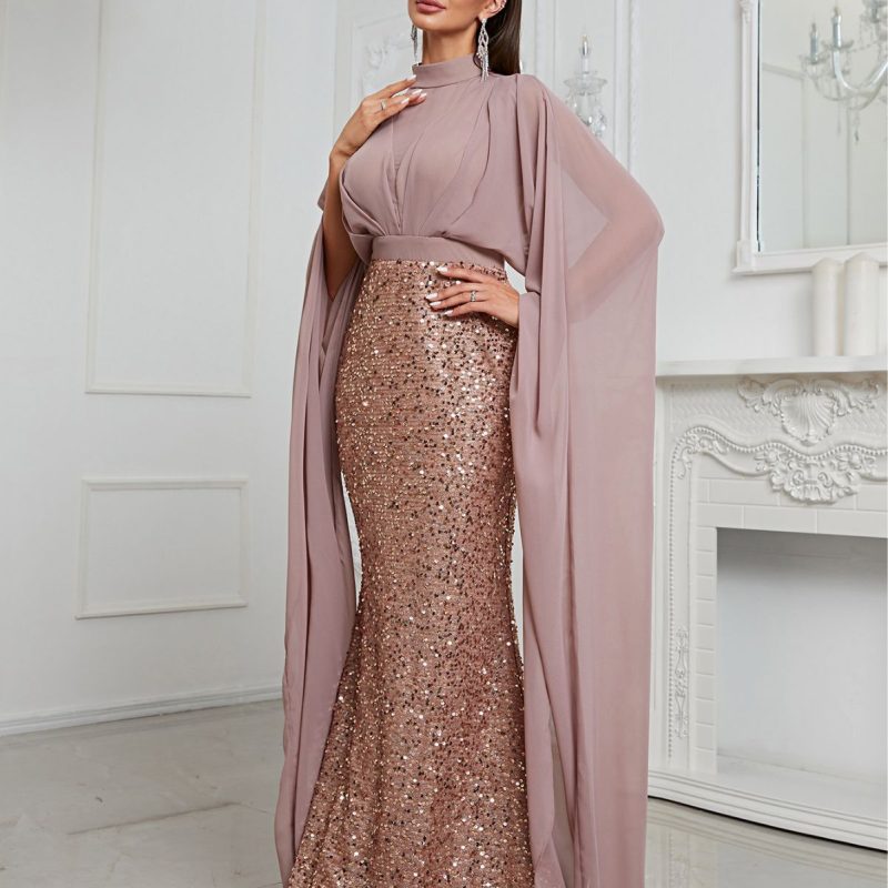 Sequined Prom Evening Fishtail Dress: Turtleneck Mesh - Image 3