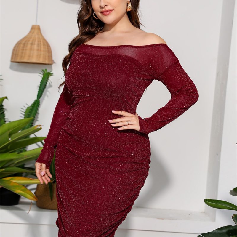 Plus Size Women's off-Shoulder Long Sleeve Slim Package Hip Pleated Dress with Hollow Out Cutouts and Diamond Embellishments - Image 3
