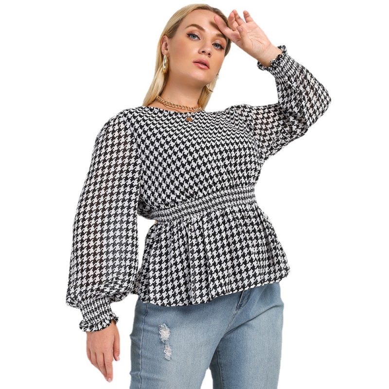 New Plus Size Black and White Plaid Printed Round Neck Office Shirt - Image 5