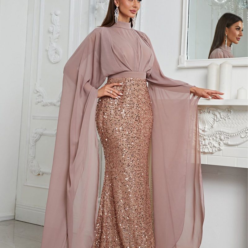 Sequined Prom Evening Fishtail Dress: Turtleneck Mesh - Image 5
