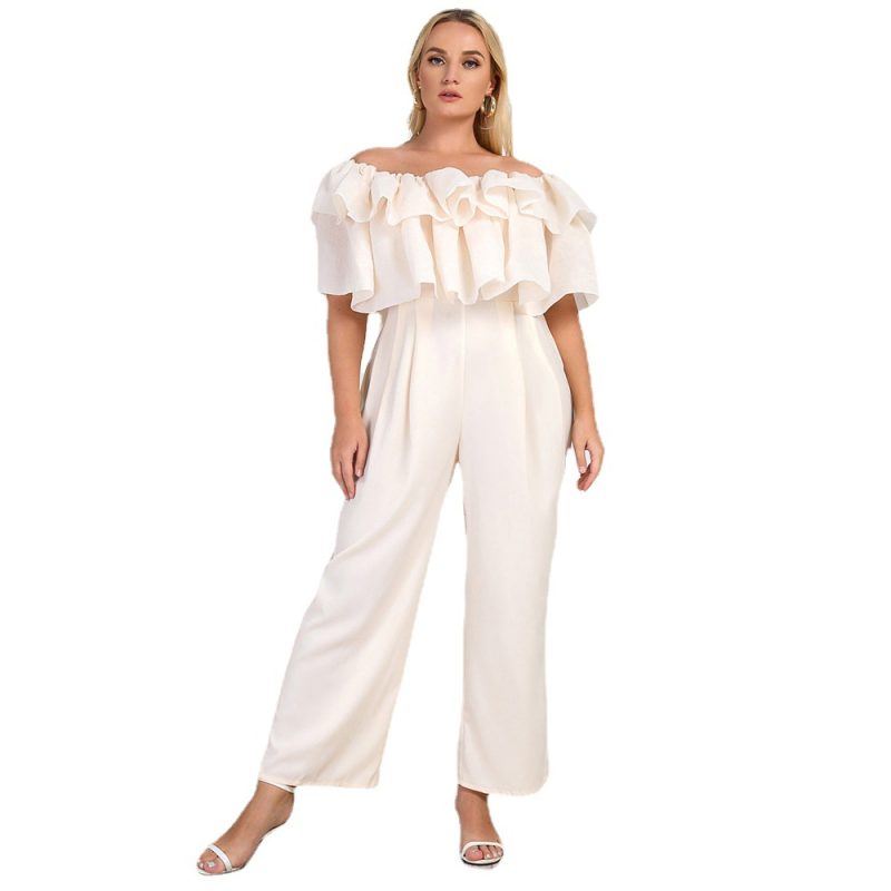 Summer New Plus Size Women's Jumpsuit: Lotus Edge Off-Shoulder Solid Straight-Leg Office Casual Pants - Image 5