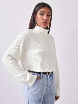 Autumn Winter Pullover High Neck Solid Color Loose Short Office Sweater for Women with Twist Knit Long Sleeves