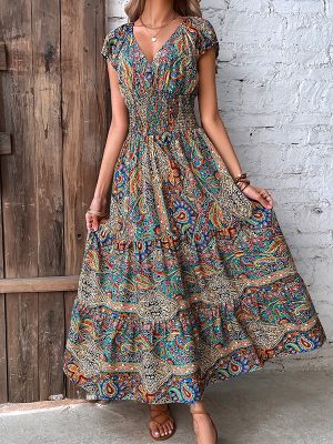 Bohemian Colorful Maxi Dress: Popular V-neck, High-Waisted