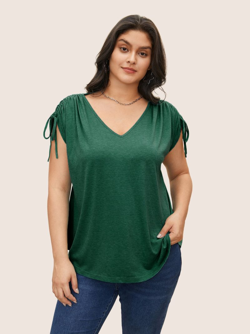 Plus Size Drawstring V-Neck Solid Color Casual Loose T-Shirt Top with Short Sleeves - Image 5