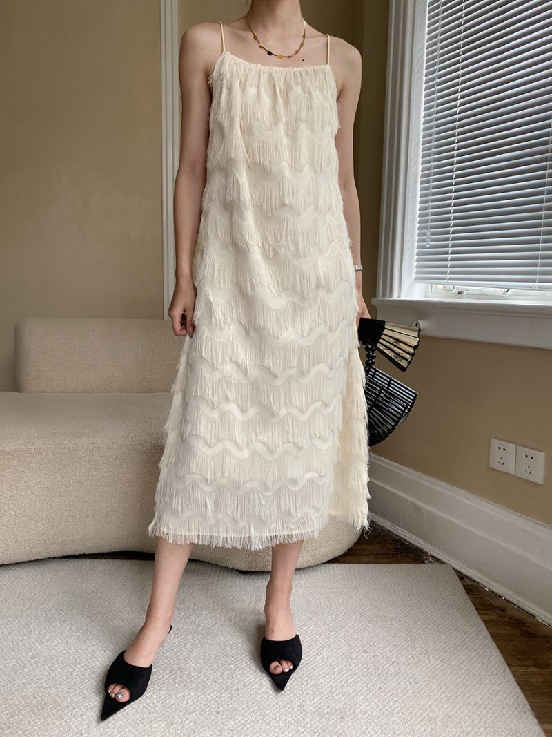 Sinan Tassel Feather: Gentle, Elegant, Loose Slimming French Strap Dress - Image 2