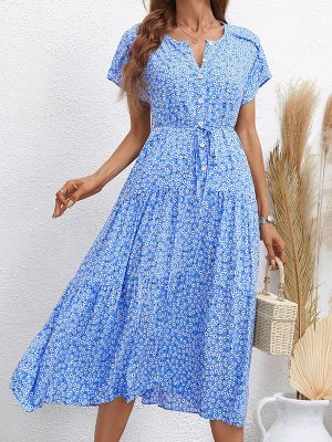 Retro High Waist Blue Floral Midi Dress: Women’s Summer Wear