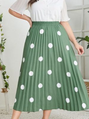 Plus Size High Waist Retro Office Green Pleated Skirt: Dotted Prints