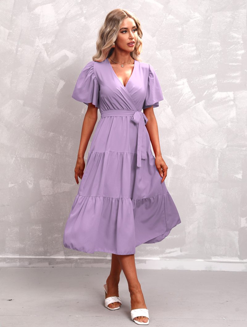 Women's Summer Solid Color V-Neck Short Sleeve Dress - Image 6