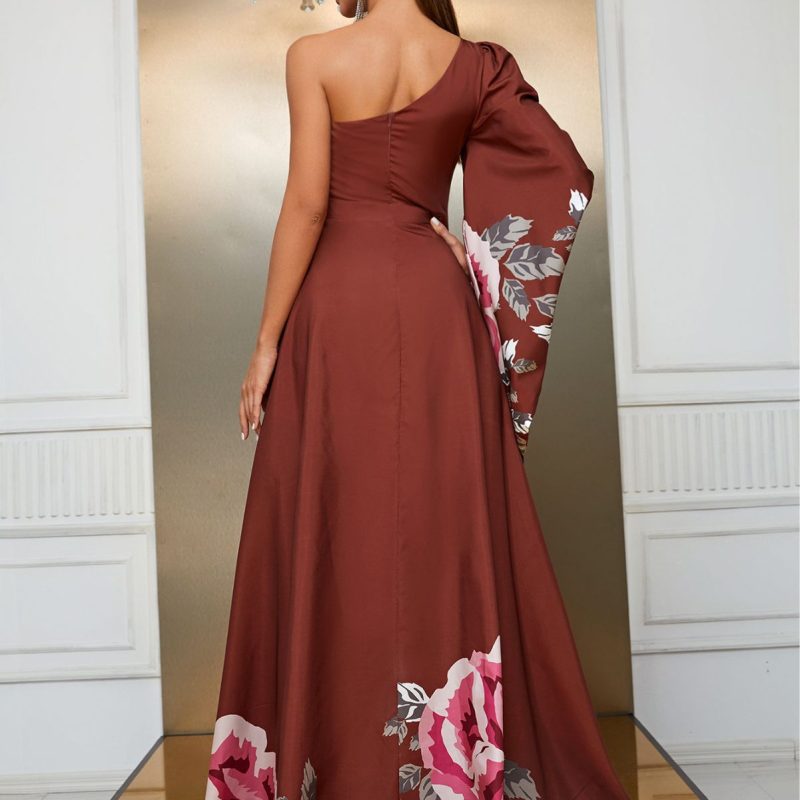 Chiffon Single Sleeve Maxi Dress: Split Print Design - Image 2