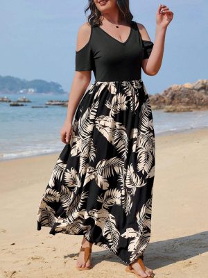 French Design Floral Print Dress: Plus Size, Off-The-Shoulder