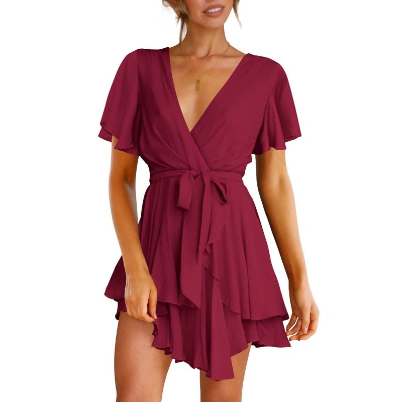 Women's Elegant Deep V-Neck Skater Dress: Lace Pleated - Image 2