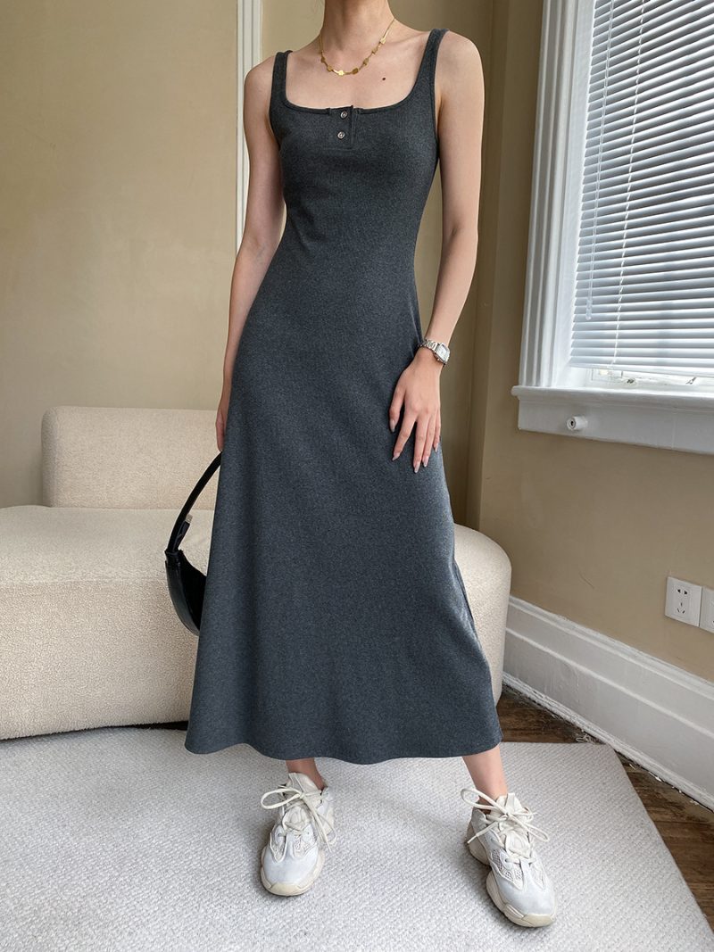Square Collar High-Weight Texture Slimming Dress with Two Buttons - Image 3