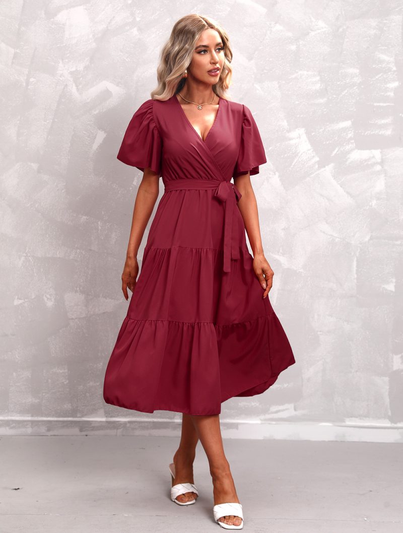 Women's Summer Solid Color V-Neck Short Sleeve Dress - Image 10