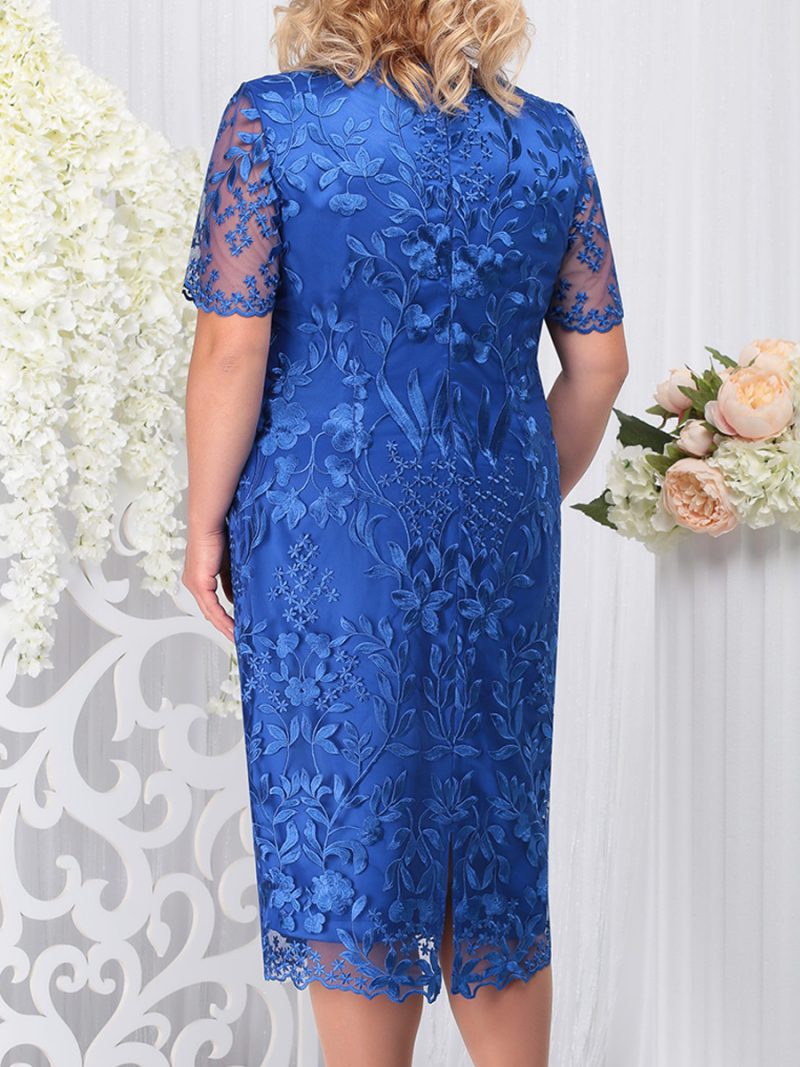 Plus Size Ladies Round Neck Embroidered Casual Short-Sleeved Pencil Sheath Dress - Image 2