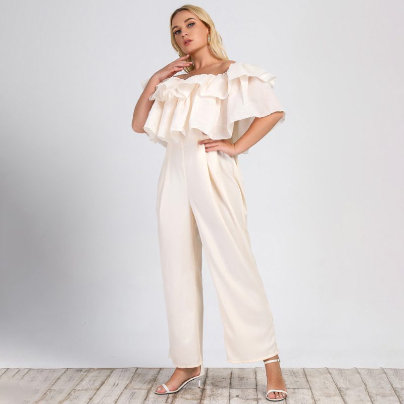 Summer New Plus Size Women's Jumpsuit: Lotus Edge Off-Shoulder Solid Straight-Leg Office Casual Pants - Image 2