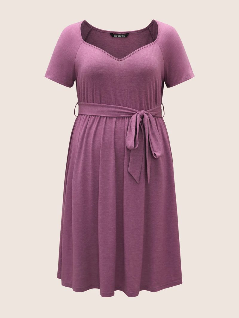 Plus Size Solid Color Belted Waist Slimming Summer Dress - Image 4