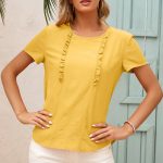 Summer Chic: Round Neck Short Sleeve Top with Wooden Ear Lacework Stitching, Ideal for Adding a Touch of Elegance