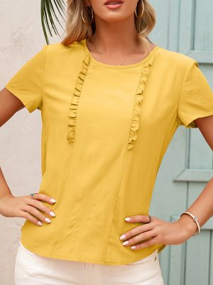 Summer Chic: Round Neck Short Sleeve Top with Wooden Ear Lacework Stitching, Ideal for Adding a Touch of Elegance