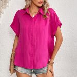 Summer Casual V-neck Button Shirt: Solid Color Short-Sleeved Top for Women