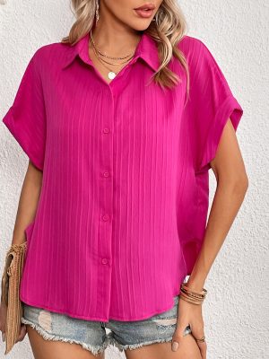 Summer Casual V-neck Button Shirt: Solid Color Short-Sleeved Top for Women