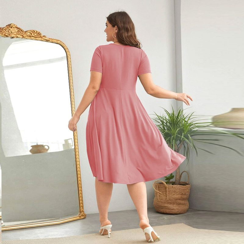 Plus Size Spring/Summer Office Dress: V-Neck, Waist Controlled Large Hem, Short Sleeve - Image 2