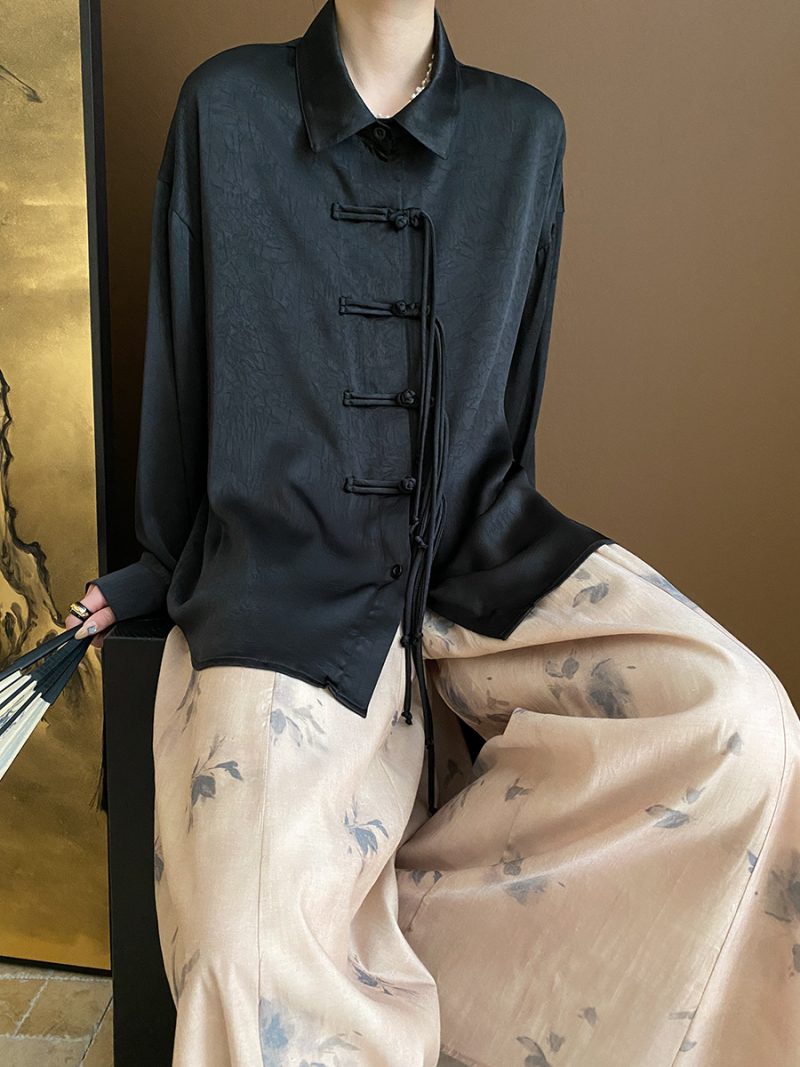 Chinese Old Money National Tassel Buckle Satin Jacquard Shirt for Early Spring - Image 3