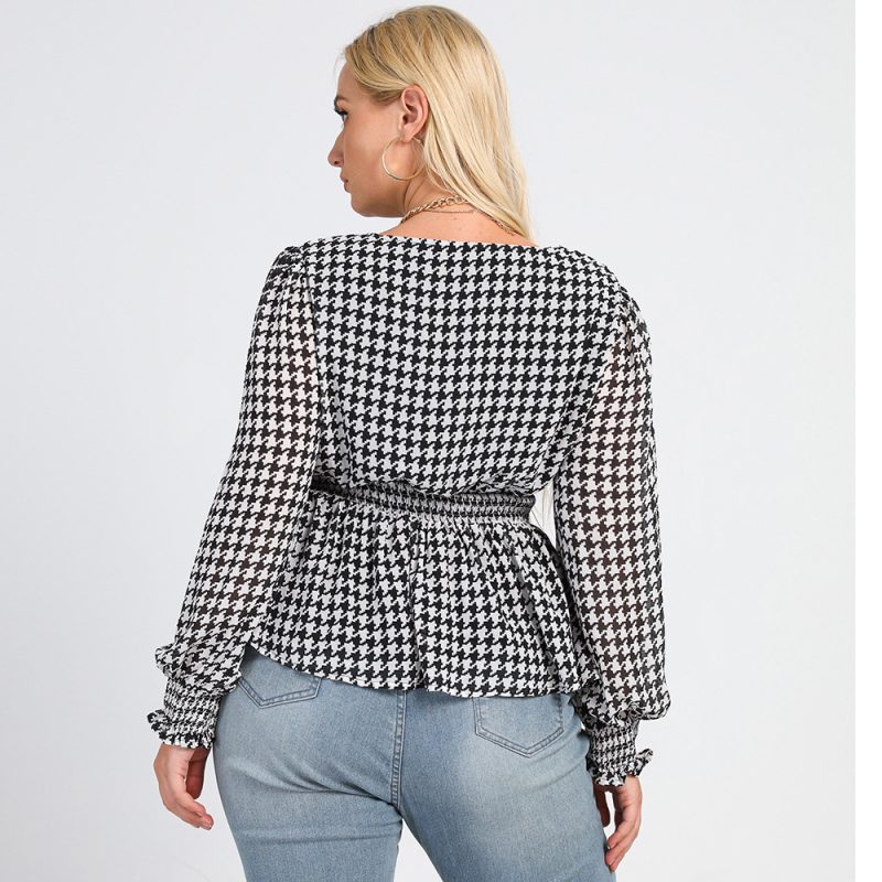 New Plus Size Black and White Plaid Printed Round Neck Office Shirt - Image 4