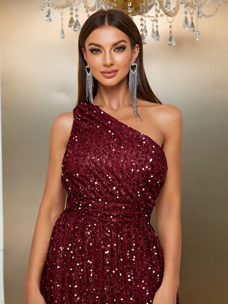 Elegant Sequined Party Dress: Oblique Shoulder, High Slit - Image 5