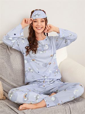 Three-Piece Home Wear Pajamas Set: Women’s Including Eye Mask