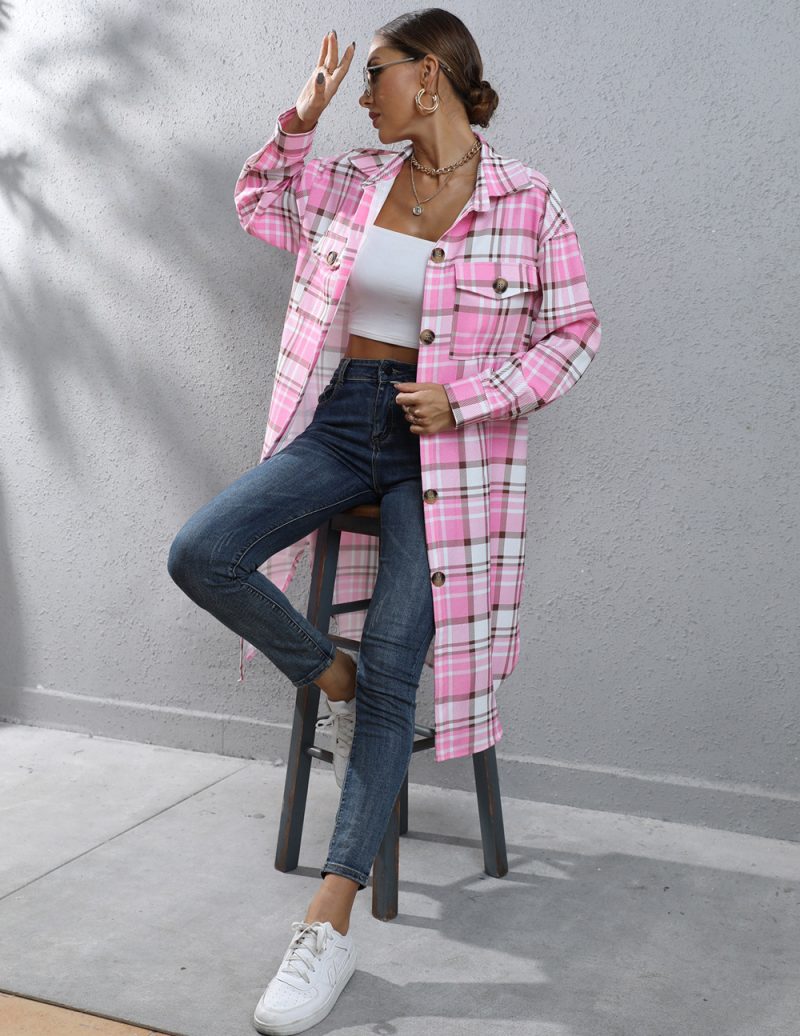 Women's Autumn Winter Plaid Single-Breasted Long Trench Coat - Image 3
