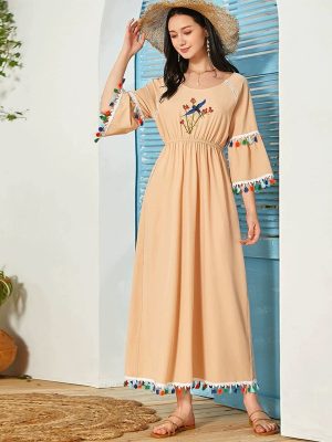 Round Neck Tassel Half Sleeve High Waist Long Casual Dress for Women