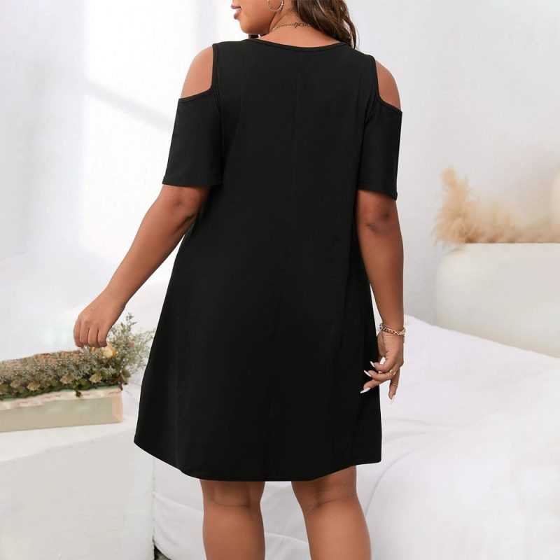 Plus Size Shein Round Neck Short Sleeve Off-Shoulder Loose Solid Color T-shirt Casual Dress - Image 2