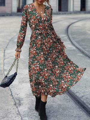 Vintage Floral V-neck Dress: Office Elegant, Waist Slimming