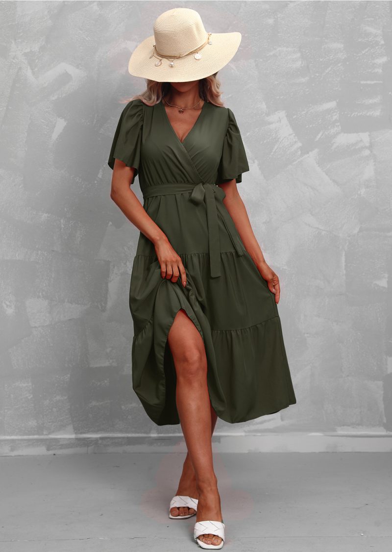 Women's Summer Solid Color V-Neck Short Sleeve Dress - Image 8